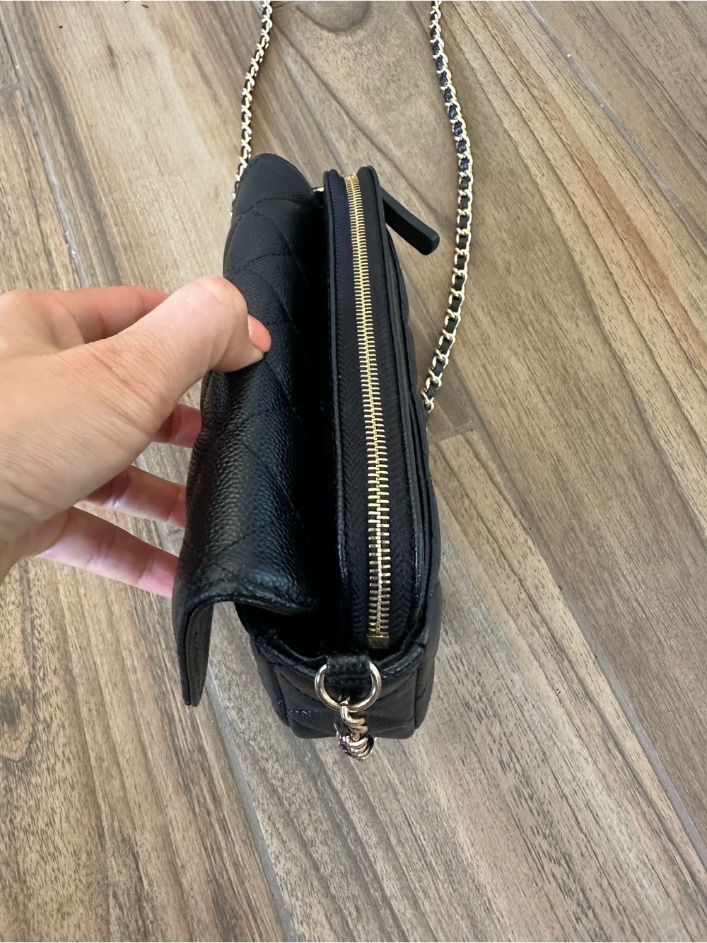 Black Quilted Leather Bag wallet on Chain( not from Chanel ) hold iPhone MAX fit